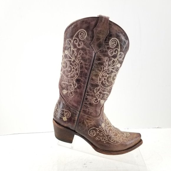 Teens Corral Brown Leather Embroidered Snip Toe Western Cowgirl Boots Size 4.5 T - Picture 1 of 10